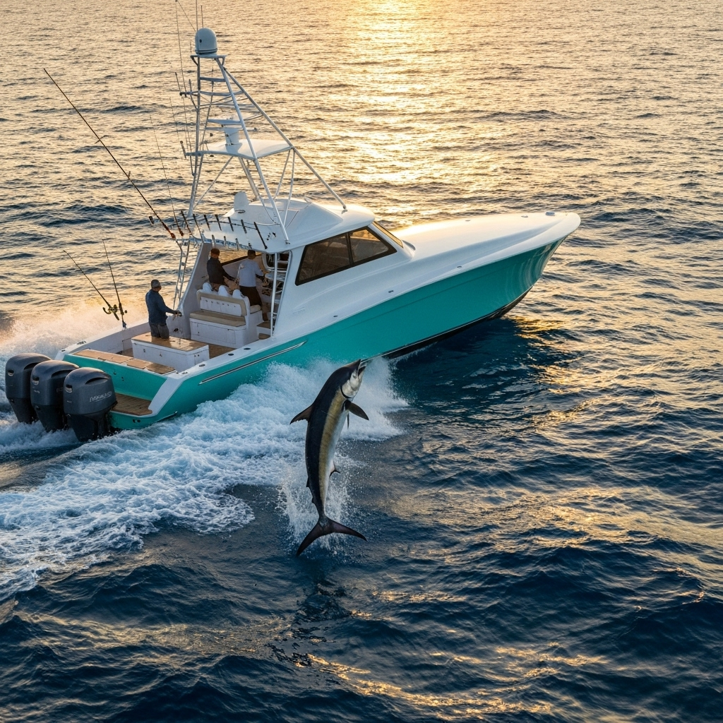 Blue Water Billfish Adventures charter boat with jumping billfish at sunset